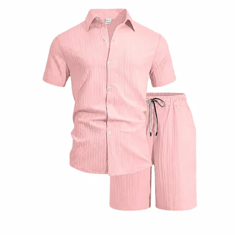 Herren Sommer Casual Kurzarm Hemd Und Shorts Top Und Bottom Einfarbig Revers Texturiert Atmungsaktiv Leichter Anzug