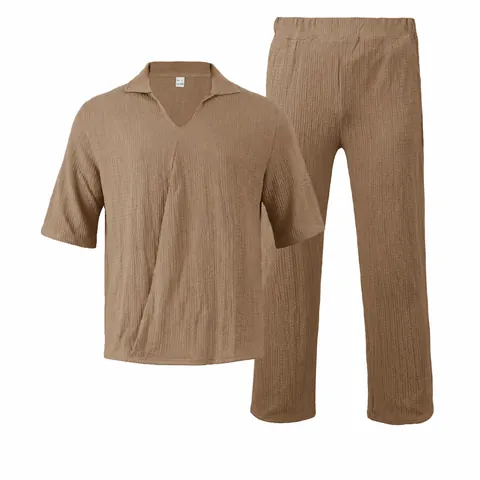 Men's Casual Twill Polyester Short Sleeve V-Neck Top And Bottom Solid Color Summer Outdoor Daily Breathable Fashion