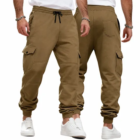 Men's Winter Fleece Cargo Joggers Multi-Pocket Patchwork Drawstring Sweatpants Casual Outdoor Sports Pants