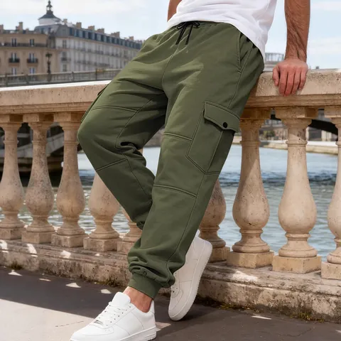 Men's Winter Fleece Cargo Joggers Multi-Pocket Patchwork Drawstring Sweatpants Casual Outdoor Sports Pants