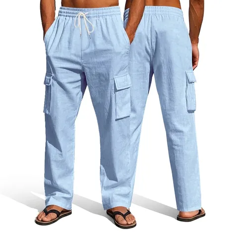 Heren Zomer Linnen Cargobroek Losse Pasvorm Trekkoord Multi-Pocket Casual Rechte Pijp Broek Ademend Lichtgewicht Onderkant