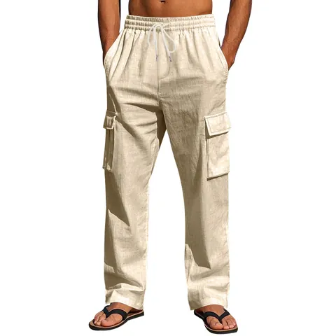 Men Summer Linen Cargo Pants Loose Fit Drawstring Multi-Pocket Casual Straight Leg Trousers Breathable Lightweight Bottoms