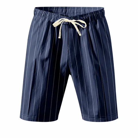 Men's Summer Striped Linen Shorts Casual Straight Leg Beach Shorts With Elastic Drawstring Waist Breathable Bottom