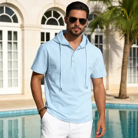 Camicia da Uomo Casual in Cotone Lino a Maniche Corte Con Cappuccio Tinta Unita Henley Scollo a V Top da Spiaggia Traspirante