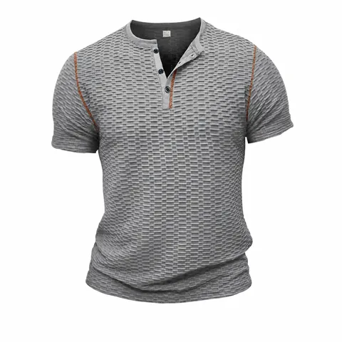 Camisa Henley para Hombre Textura de Gofre Ajuste Entallado Transpirable Nailon Manga Corta Polo Casual Estilo Urbano para Hombre