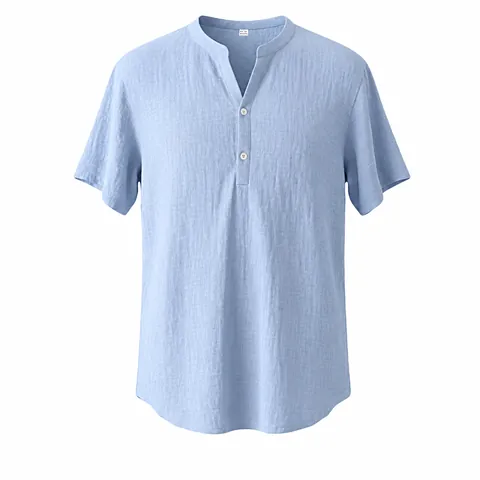 Men Casual Linen Henley T-Shirt Short Sleeve Stand Collar Loose Breathable Solid Color Top For Summer Beach Vacation Daily Wear