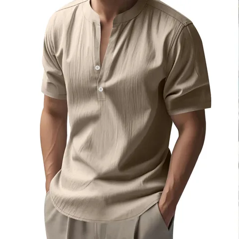 Men Casual Linen Henley T-Shirt Short Sleeve Stand Collar Loose Breathable Solid Color Top For Summer Beach Vacation Daily Wear