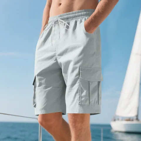 Herren Casual Cargo Shorts Einfarbig Multi-Taschen Elastischer Bund Kordelzug Sommer Fünf-Punkt-Shorts Outdoor Strandkleidung