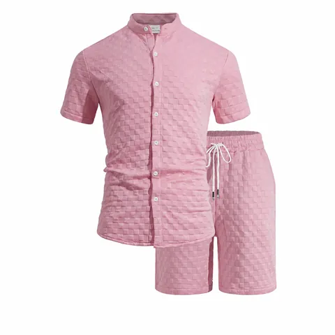 Hommes Été Jacquard Chemise à Manches Courtes et Short Haut et Bas 100% Polyester Casual Vêtements de Détente Quotidien Respirant