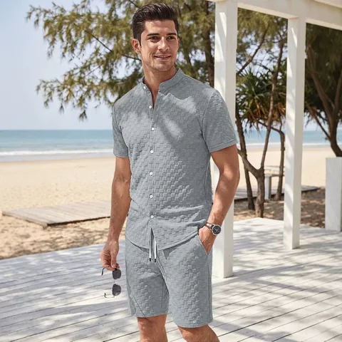 Hommes Été Jacquard Chemise à Manches Courtes et Short Haut et Bas 100% Polyester Casual Vêtements de Détente Quotidien Respirant