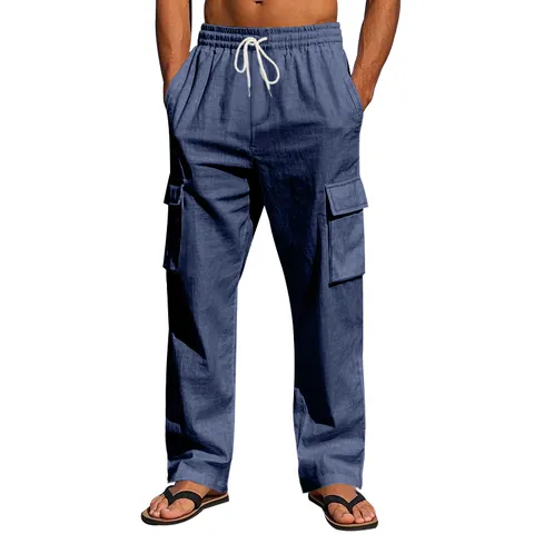 Pantalones Cargo Casuales de Lino para Hombre Ligeros Transpirables Color Sólido Pantalones Rectos Sueltos Con Bolsillos Múltiples Cordón