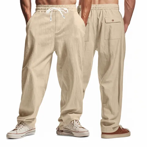 Pantalon Décontracté en Lin pour Homme Coupe Droite Été Mince Respirant Ample Jambe Large Cordon de Serrage Taille Élastique Couleur Unie Pantalon de Plage