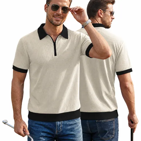 Men's Summer Quarter Zip Polo Shirt Waffle Knit Contrast Lapel Short Sleeve Casual Sporty Loose Fit Top For Men