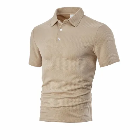 Men's Casual Short Sleeve Polo Shirt Jacquard Knit Lapel Top Loose Fit Solid Color Summer Fashion Polyester Tee