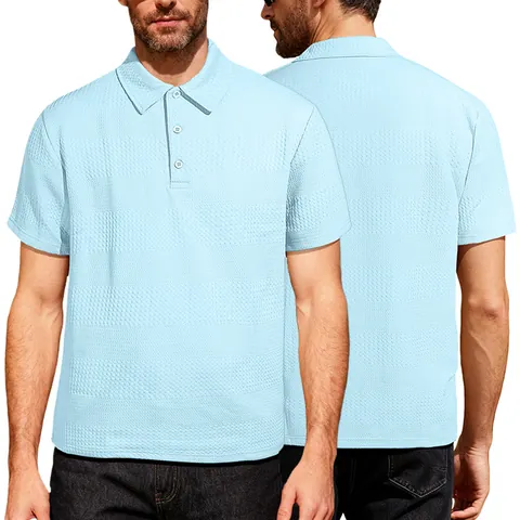 Men's Casual Short Sleeve Polo Shirt Jacquard Knit Lapel Top Loose Fit Solid Color Summer Fashion Polyester Tee