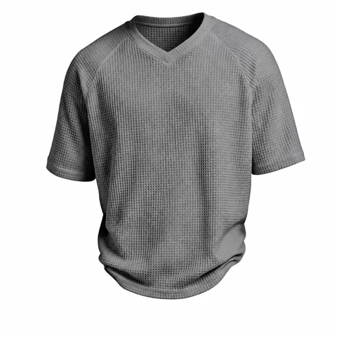T-Shirt Décontracté en Tricot Gaufre pour Hommes Col en V Manches Raglan Couleur Unie Haut en Tricot de Mode d'Été pour Hommes