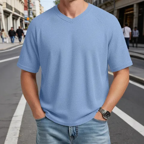T-Shirt Décontracté en Tricot Gaufre pour Hommes Col en V Manches Raglan Couleur Unie Haut en Tricot de Mode d'Été pour Hommes