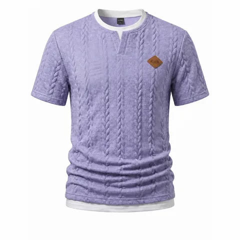 Men's Slim Fit Jacquard Texture T-Shirt Fake Two-Piece Design Polyester Short Sleeve Top With Leather Patch Casual Tee