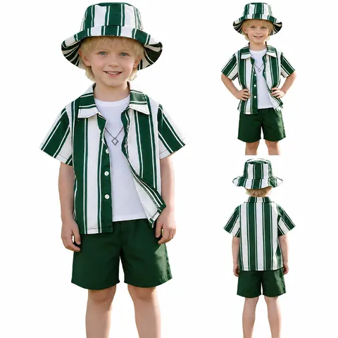 Set Estate Ragazzo Camicia a Righe Manica Corta e Pantaloncini con Cappello Casual Traspirante Abbigliamento Bambino Top e Bottom