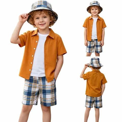 Ensemble d'Été pour Garçons Chemise à Carreaux Manches Courtes et Short Haut et Bas Avec Chapeau Décontracté Respirant en Polyester