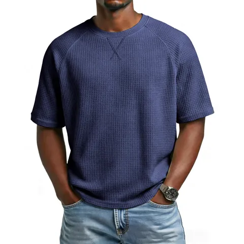Camiseta de Manga Corta de Punto de Gofre para Hombre Manga Ranglán Cuello Redondo Jersey Color Sólido Casual Deportivo