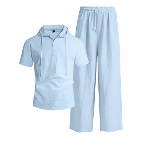 Herren Casual Baumwolle Leinen Top And Bottom Kapuzen Kurzarm Geknöpftes Hemd Mit Passender Kordelzug Hose Sommer Strand Outfit
