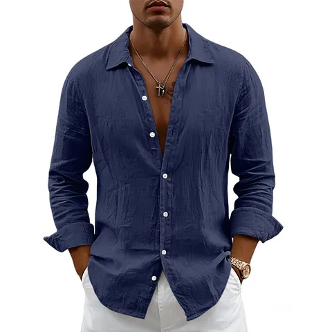 Camicia da Uomo Casual Smart in Misto Lino a Maniche Lunghe Colletto Rovesciato Tinta Unita Vestibilità Larga Top Traspirante Tessuto per Vacanza Lavoro