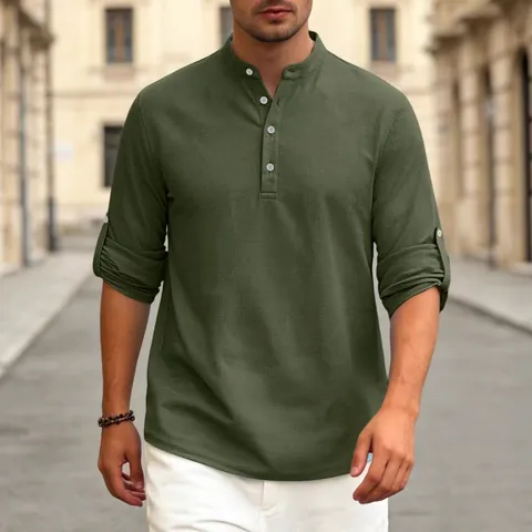 Men Waffle Knit Henley Shirt Casual Loose Breathable Polyester Solid Color Stand Collar Roll-up Sleeve Top For Men