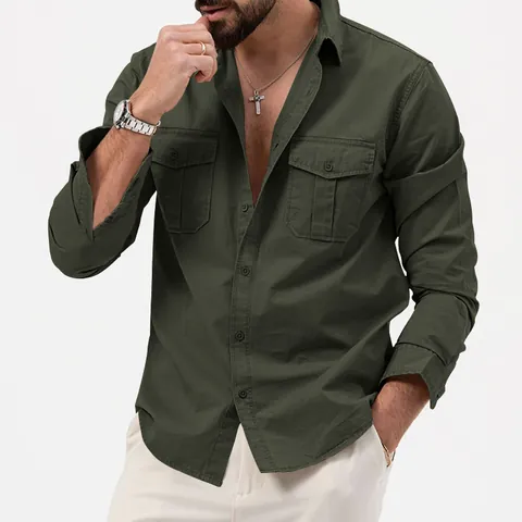 Camicia da Lavoro a Maniche Lunghe da Uomo Tinta Unita Revers Multitasche Camicia Casual Larga per Uomo Moda Autunno Primavera
