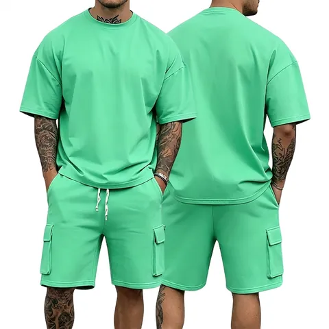 Men's Casual Summer Sportswear Top And Bottom Oversized Short Sleeve T-Shirt And Cargo Shorts Set Solid Color Polyester Outfit