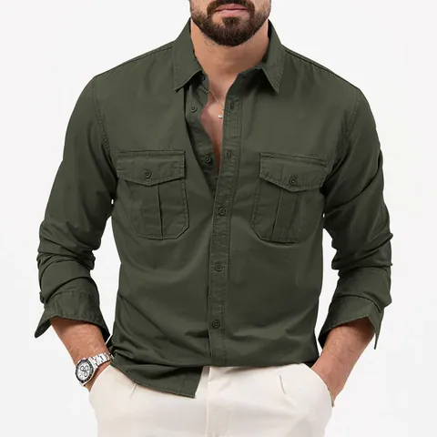 Chemise Casual pour Hommes à Manches Longues Multi-poches Style Cargo Polyester Couleur Unie Vêtement de Travail Rétro
