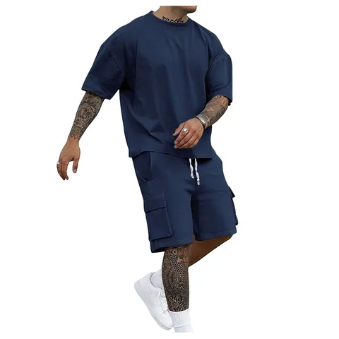 Men's Casual Summer Sportswear Top And Bottom Oversized Short Sleeve T-Shirt And Cargo Shorts Set Solid Color Polyester Outfit