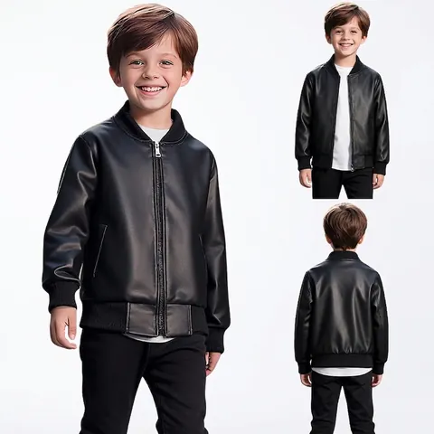 Jungen PU Lederjacke Kinder Bomber Baseball Mantel Stehkragen Reißverschluss Casual Outwear Frühling Herbst Mode Schwarz Top