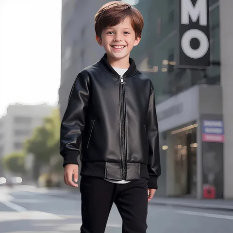 Jungen PU Lederjacke Kinder Bomber Baseball Mantel Stehkragen Reißverschluss Casual Outwear Frühling Herbst Mode Schwarz Top