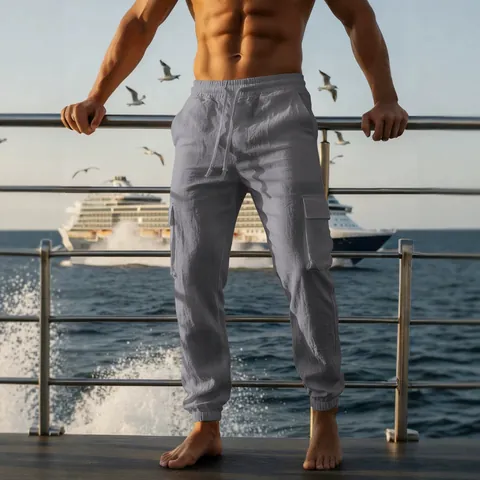 Men's Breathable Linen Cargo Jogger Pants Lightweight Loose Beach Casual Drawstring Sweatpants With Multi Pockets