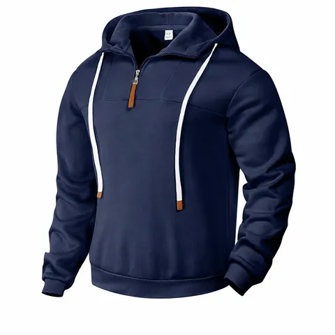 Men Casual Polyester Hooded Sweatshirt Fleece Lined Half Zip Pullover Solid Color Long Sleeve Athletic Top For Men
