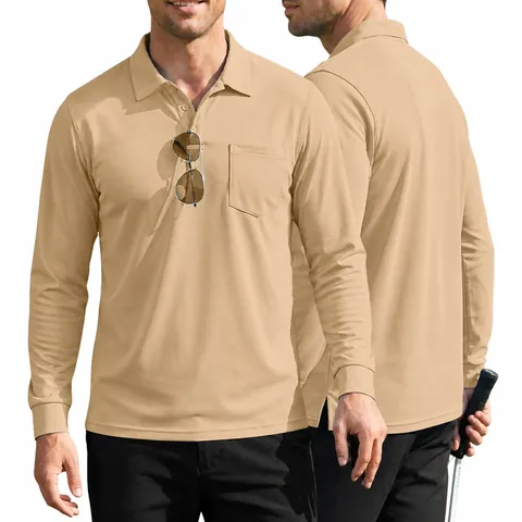 Herren Casual Langarm Polohemd Mesh Atmungsaktiv Einfarbig Revers Top Mit Tasche Für Outdoor Sport Alltagskleidung