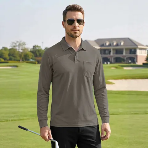 Herren Casual Langarm Polohemd Mesh Atmungsaktiv Einfarbig Revers Top Mit Tasche Für Outdoor Sport Alltagskleidung