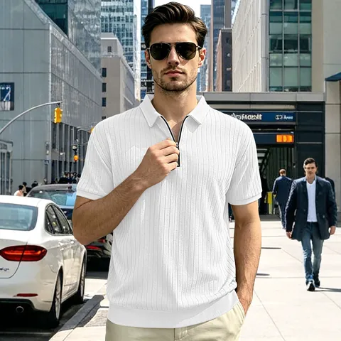 Men's Knitted Quarter Zip Polo Shirt Vertical Striped Short Sleeve Breathable Stretch Casual Polo Shirt Top For Summer