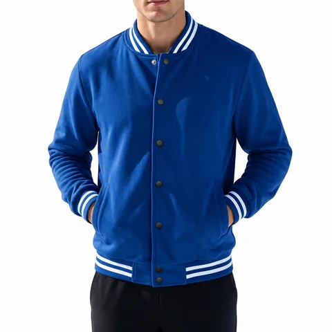 Men's American Retro Stand Collar Varsity Baseball Jacket Fleece Casual Warm Sweatshirt Top Coat Long Sleeve Button Up