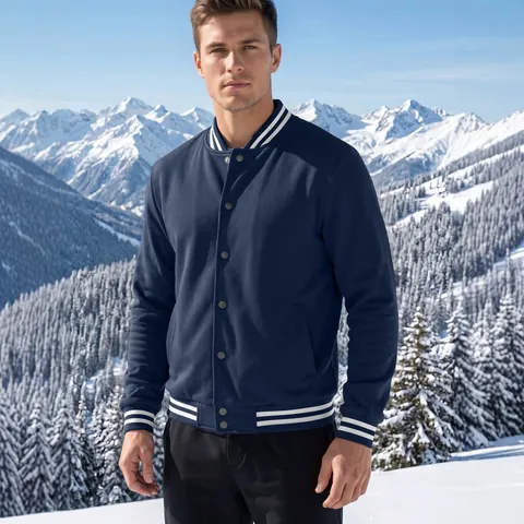 Men's American Retro Stand Collar Varsity Baseball Jacket Fleece Casual Warm Sweatshirt Top Coat Long Sleeve Button Up
