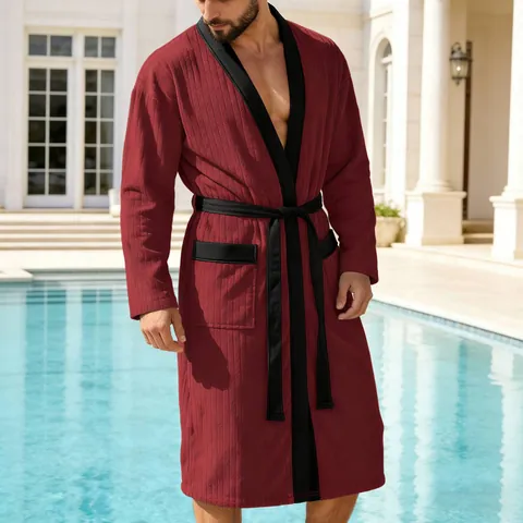 Men's Long Jacquard Bathrobe Soft Solid Contrast Trim Belted Loungewear Plus Size Casual Resort Pajamas Robe