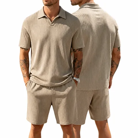 Men's Casual Ribbed Knit Polo Top And Bottom Short Sleeve Polo Shirt With Drawstring Shorts Polyester Summer Outfit Suit