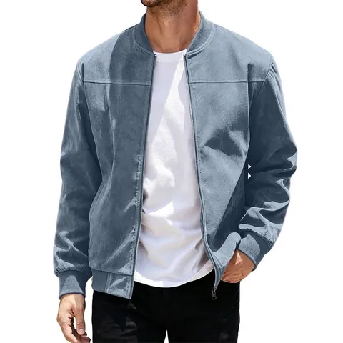 Chaqueta de Antelina Casual para Hombre Bomber de Béisbol con Cremallera Cuello Alto Puños Acanalados Color Sólido Moda