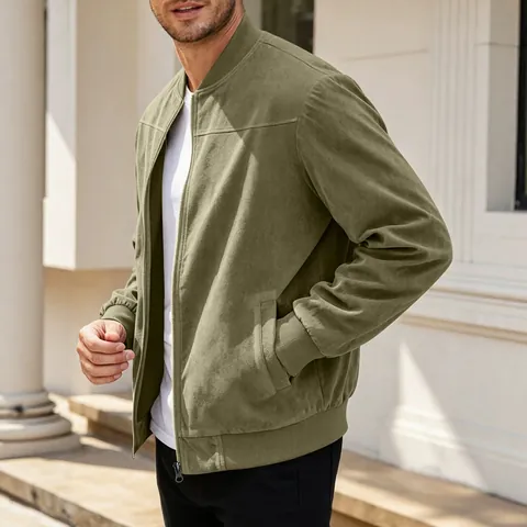 Chaqueta de Antelina Casual para Hombre Bomber de Béisbol con Cremallera Cuello Alto Puños Acanalados Color Sólido Moda