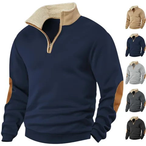 Men Retro Half Zip Pullover Hoodie Stand Collar Patchwork Long Sleeve Sweatshirt Sherpa Lined Collar Casual Fashion Top