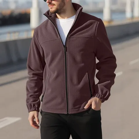 Men's Outdoor Polar Fleece Jacket Stand Collar Full Zip Solid Color Winter Warm Soft Shell Coat For Hiking Sports Casual Top