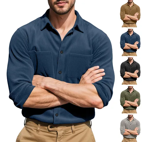 Men Heavyweight Corduroy Long Sleeve Shirt Casual Solid Color Button Down Top With Double Chest Pockets Workwear Style Shacket For Men