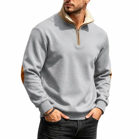 Men Retro Casual Quarter Zip Stand Collar Sweatshirt With Sherpa Fleece Lining Patchwork Elbow Patches Long Sleeve Top