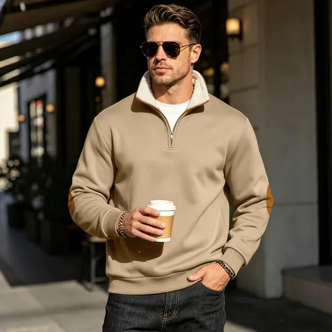 Men Retro Casual Quarter Zip Stand Collar Sweatshirt With Sherpa Fleece Lining Patchwork Elbow Patches Long Sleeve Top